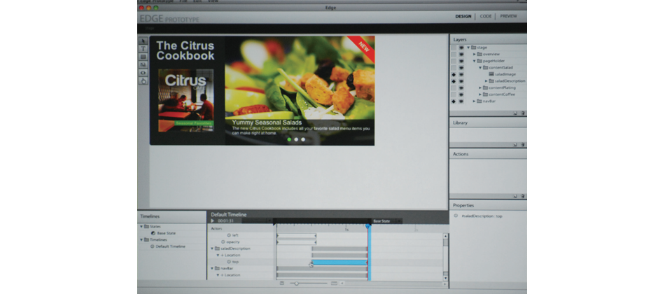 Adobe正在打造一款HTML 5的開發工具Edge,提供了一個主要的舞臺畫面,開發人員可以在舞台上放置各種網頁圖片或是互動按鈕。