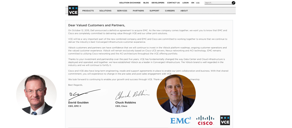 Dell宣布併購EMC後,思科執行長Chuck Robbins連忙和EMC II執行長David Goulden發表聯合聲明,來安撫Vblock顧客和合作夥伴。