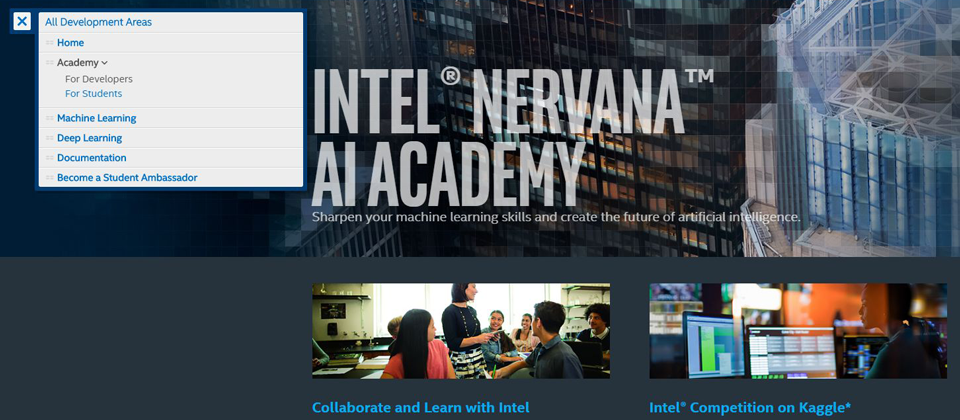 基於英特爾既有的開發者專區網站,他們成立了Nervana AI學院的網頁,並且統合在英特爾新設的AI專屬網頁上,這裡針對開發者/資料科學家、學生,提供了多種學習的資源,像是線上課程、文件,以及與機器學習、深度學習有關的介紹。