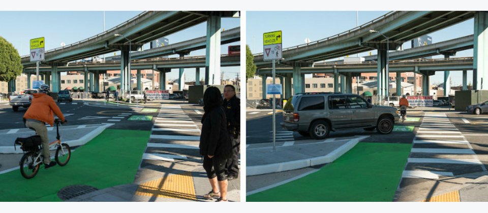 舊金山安全十字路口的設計,讓自行車在綠燈時可以比汽車先行,右轉的汽車也因為轉彎處安全島的設計,在過彎時會減速,且更能看見直行的自行車。(圖片來源/SAMTA)