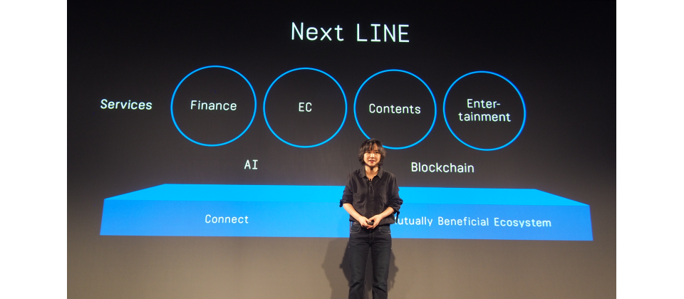 LINE技術長朴懿彬表示,LINE下一階段策略,包括了串連與互惠生態圈,AI和區塊鏈是主要技術,應用場景將以金融、電商、內容和娛樂四大類服務為主。(攝影/王宏仁)