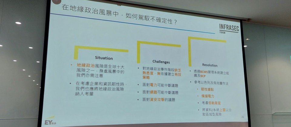 安永諮詢服務執行副總曾韵建議,臺灣企業不能完全不做準備,考慮企業和資訊韌性,也應該將地緣政治風險納入考慮