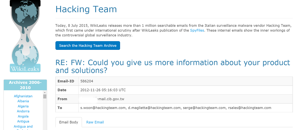 維基解密(WikiLeaks)彙整hacking Team外洩400GB的電子郵件和文件,發現臺灣刑事局曾在2012年11月與Hacking Team洽詢相關監聽產品事宜。