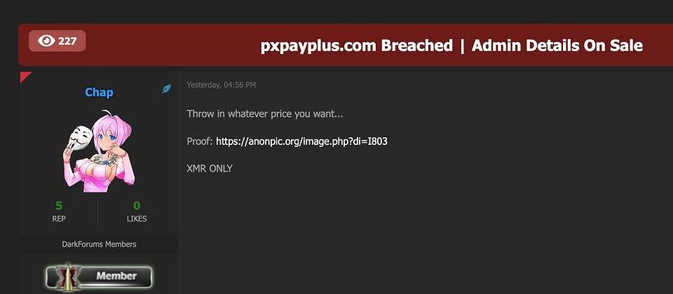 匿名資安專家爆料,由全聯福利中心投資的電子支付業者全支付(pxpay plus)測試環境的Admin帳密資料外洩,並有駭客在深網論壇兜售相關資料。
