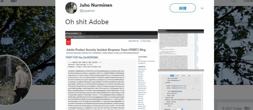 安全研究人員Juho Nurminen發現Adobe產品安全事件回應小組竟將PGP加密公私金鑰以明文公佈於部落格。