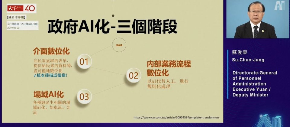 行政院人事行政總處政務副人事長的蘇俊榮借用已故臺灣人工智慧學校行長陳昇瑋的觀點,政府推動AI可分為三階段。