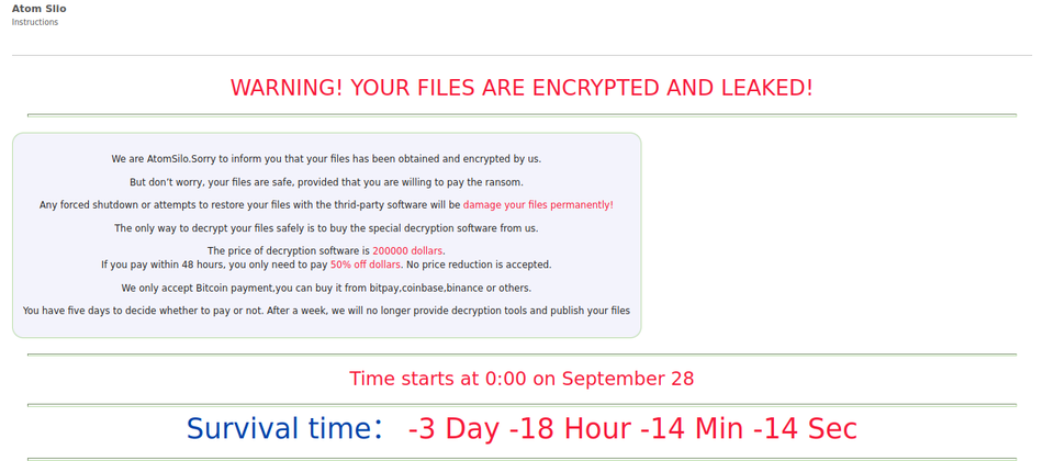 資安業者Sophos揭露勒索軟體Atom Silo的攻擊，一旦電腦檔案遭到加密，就會顯示如圖中的勒索訊息，宣稱當事人只能向他們購買解密金鑰來換回檔案，若是超過1週而不付款，攻擊者將會公布檔案。