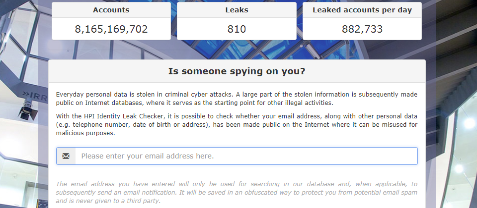 由Hasso Plattner Institute所打造的Identity Leak Checker網頁,提供大眾檢查自己的郵件個資是否曾經外洩。
