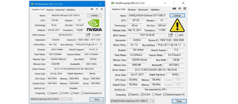 新版GPU-Z會偵測顯示卡的產品資訊,發現假冒顯示卡時會在檢測欄上打上三角形的驚嘆號。