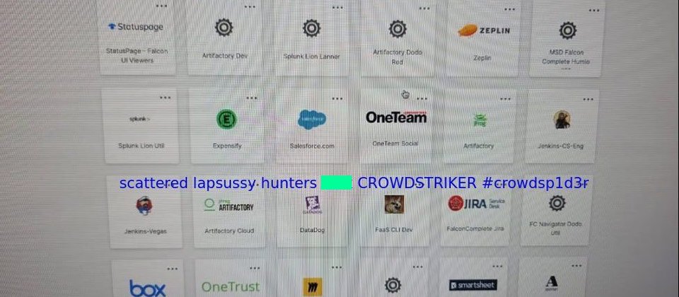 為了證明從CrowdStrike內部員工取得翻拍的內部資料,ShinyHunters向資安新聞網站HackRead提供照片,聲稱是身分驗證管理平臺Okta的單一簽入(SSO)主控臺畫面,他們可能以此掌握CrowdStrike提供員工的應用程式名單,從而尋找可利用的弱點。值得一提的是,駭客在浮水印文字寫上了「scattered lapsussy hunters CROWDSTRIKER #crowdsp1d3r」,其中的CROWDSTRIKER很可能就是指該公司的內部員工。