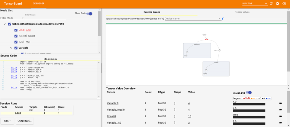 TensorFlow 1.7版的除錯儀表板,讓使用者可以暫停或繼續執行特定節點或幾個步驟的工作,也會顯示某段時間的張量質,還可以連接張量與Python中特定的幾行程式碼。