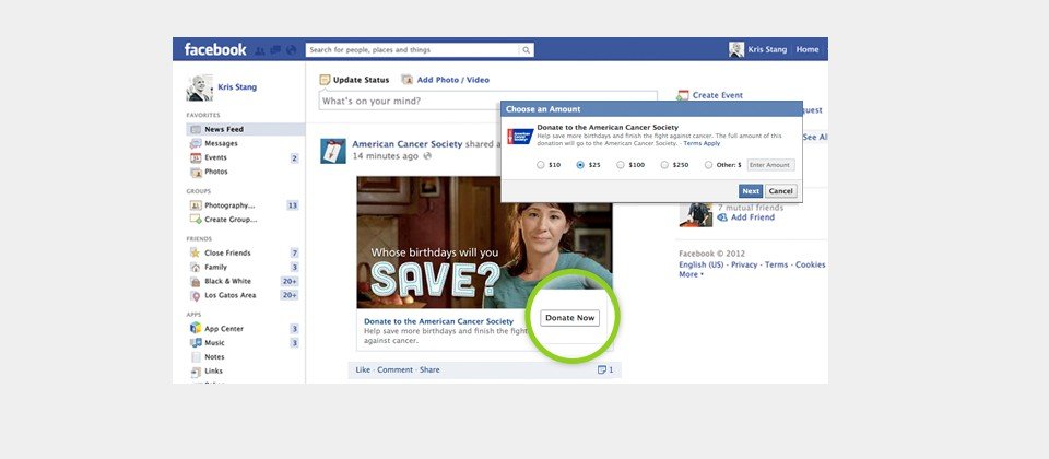 參與臉書這項計畫的非盈利組織,其捐款功能會出現在使用者動態消息(News Feed)的「張貼」(Posts)功能旁邊,只要按下Donate Now按鍵,就可以選擇捐款的數目、輸入帳號資料,立即捐款給公益團體。