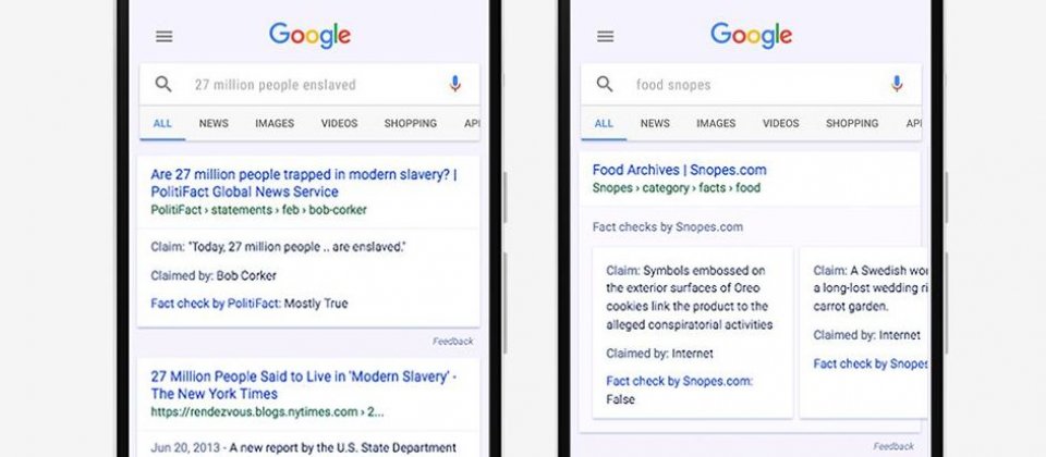 在Google搜尋的結果頁可看到Fact Check的標籤,並說明由誰進行查證。