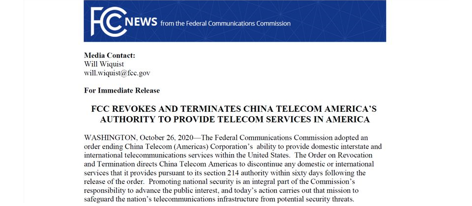 美國聯邦通信委員會(FCC)10月26日下令,要求中國電信美國分公司必須在命令公布60天內,終止在美國境內提供的國際和洲際電信服務。