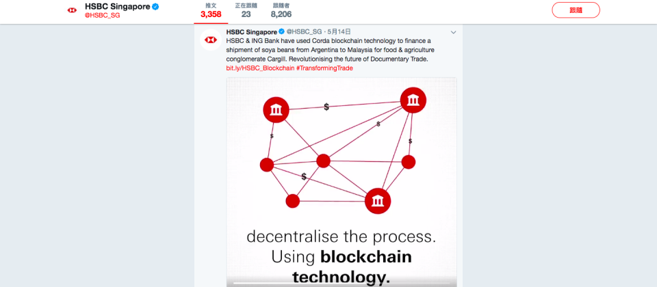 HSBC與ING銀行合作,完成全球第一筆透過區塊鏈平臺所執行的貿易。