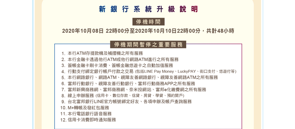 北富銀預計停機48小時,以進行新銀行系統升級,主要金融服務都將暫停提供。(圖片來源/台北富邦銀行公告)