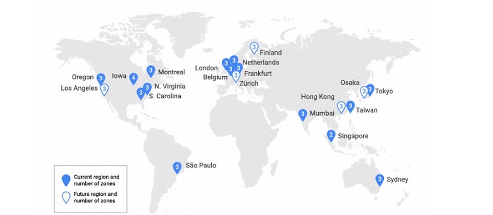 Google位於全世界的15座雲端中心,至少都有3個以上的服務區域。