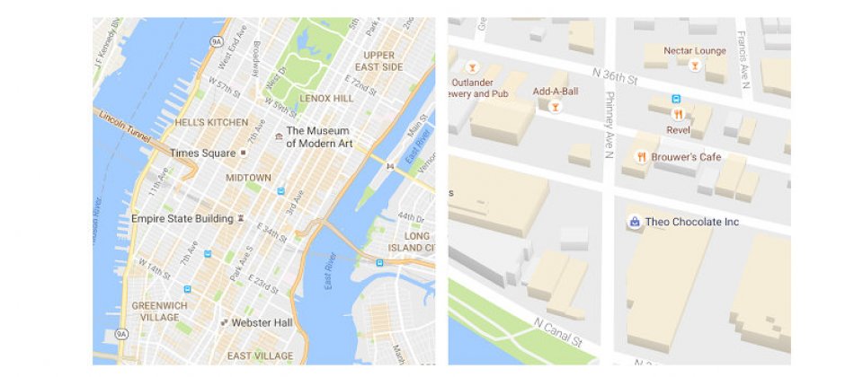 改版前(左)Google Map地圖顯示較多的資訊,改版後(右)簡化了地圖資訊,畫面看起來較簡單明瞭。