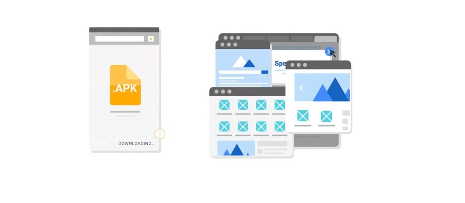 Google列舉兩種廣告濫用的例子,左方廣告誘導使用者播放一段影片,但是將用戶導向安裝APK安裝頁面,右邊則是使用者點選關閉廣告視窗,卻開啟一連串的彈出視窗。