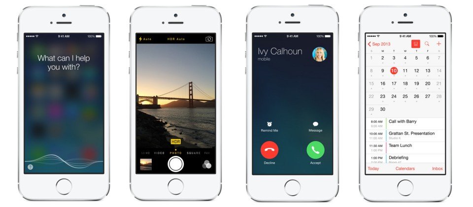 iOS 7.1的功能更新,左一:Siri功能,只要按著Home鍵說話代表正在下達命令,鬆開即可停止;左二:自動在iPhone 5S上啟用HDR功能。右二:iOS 7.1的新介面。右一:新的行事曆活動呈現方式。