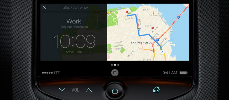 iOS for car的介紹中顯示汽車儀表板採用iOS7及Apple Maps,讓車主能聲控搜尋目的地、瀏覽書籤,並可以透過iPhone操控等功能。