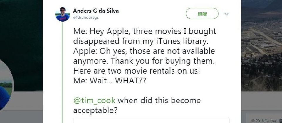 有用戶反映在iTunes購買的影片竟憑空消失,引發外界猜測是蘋果所為。