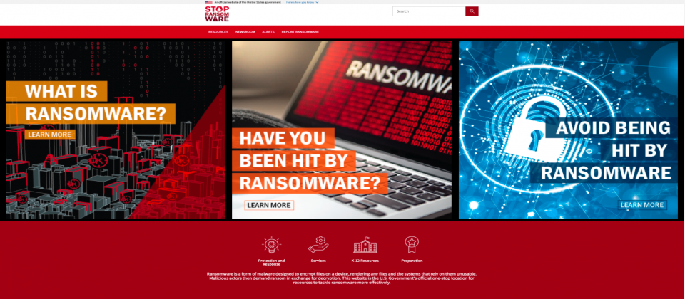 美國政府推出的、對抗勒索軟體的單一入口網站:StopRansomware.gov,整合美國跨政府部門資源,並提供相關的資安評估工具與指引。
