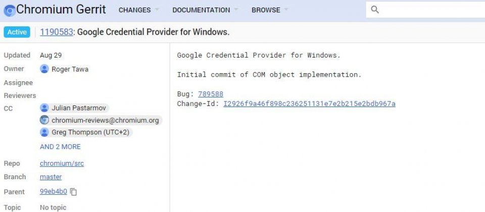開發者在Chromium Gerrit提交的「Google Credential Provider for Windows」。