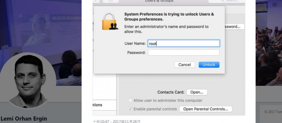 網友在推特上公開macOS High Sierra的漏洞可透過幾個步驟輕易取得系統管理者權限。