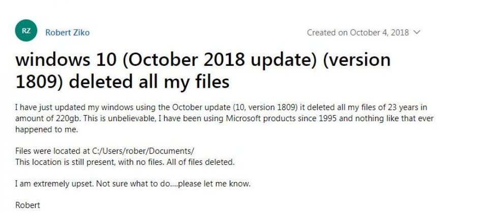 有用戶在微軟討論區上反映,安裝1809版Windows 10更新後,220GB的資料不見了。