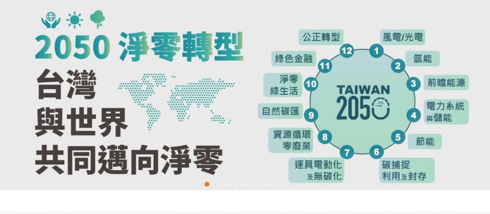 臺灣2050淨零轉型的12項關鍵戰略,包含發展氫能、風電/光電、電力系統與儲能、節能、碳捕捉、自然碳匯、運具電動化及無碳化等等。