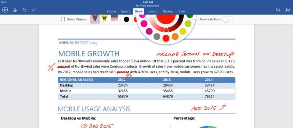 Office上方的工具列現在加入了繪畫按鈕Draw Tab,讓使用者可以更容易在文件上手寫註記、塗鴨。