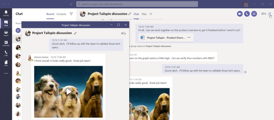 除了支援離線傳訊功能,Microsoft Teams還新增一個Pop Out Chats功能,可以從原本的聊天視窗單獨拉出一個視窗,且可以拖曳視窗到任一位置,方便彼此討論。