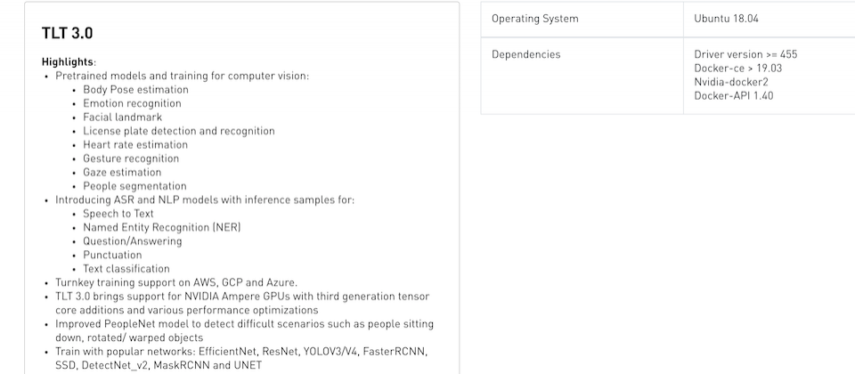 Nvidia正式發佈遷移學習工具套件TLT 3.0,是自家AI開發平臺TAO的重要元件,內含多種預訓練模型。