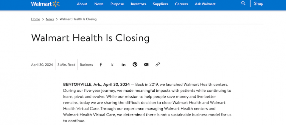 零售巨頭Walmart旗下擁有51家健康中心,最近宣布將陸續關閉,轉而將資源投入4,600家藥局和3,000多家視力中心。