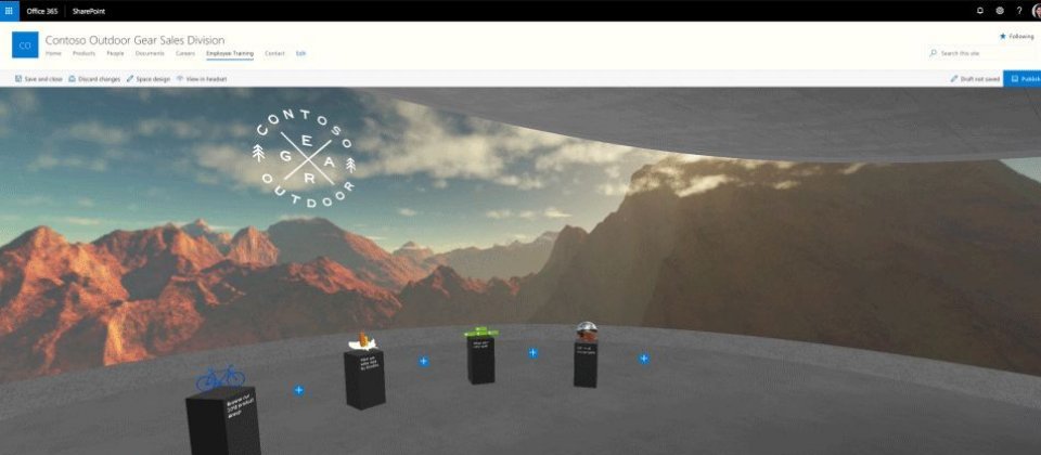 harePoint Spaces可藉由智慧範本建立MR的內容互動環境,互動內容來自SharePoint檔案,用戶可透過桌面或行動瀏覽器、MR頭戴式裝置進行互動。