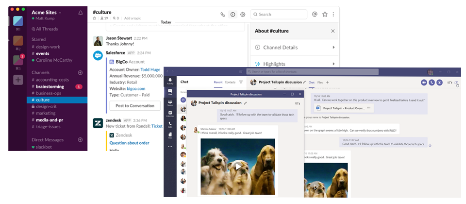 左上為Slack使用介面,右下為Microsoft Teams使用介面。