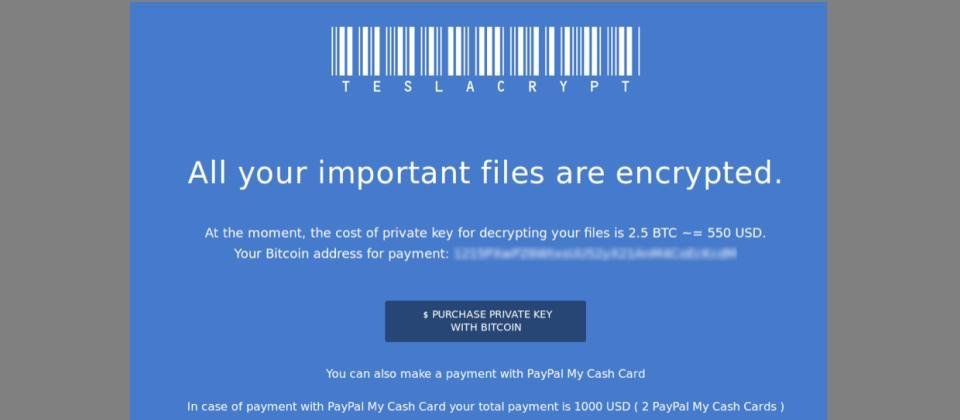 TeslaCrypt會加密受害者電腦上的系統檔或遊戲檔,要求使用者付出贖金,估計受害者支付7.6萬美元。