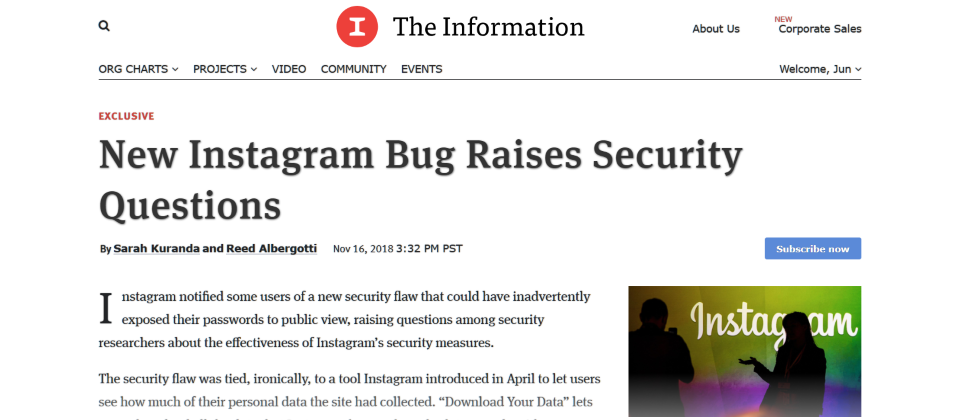 外媒The Information報導Instagram出現曝露部分用戶密碼漏洞 外媒The Information報導Instagram出現曝露部分用戶密碼漏洞