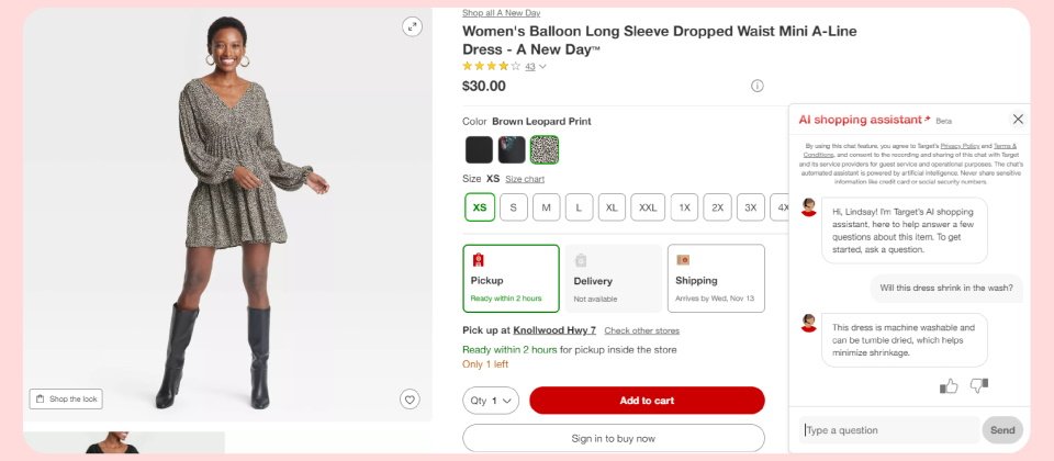 Target的Shopping Assistant生成式A購物助手,提供對話式購物體驗,用自然語言提供顧客建議和商品介紹。此助手支援橫跨數十種品牌和分類的商品,看似相當通用,但其實只支援Target自有品牌商品,等於變相透過GenAI購物體驗來替自家品牌推銷。(圖片來源/Target)