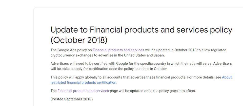Google更新了一項金融商品和服務政策,今年10月開始允許合法加密貨幣交易所,在美國與日本地區投放廣告。