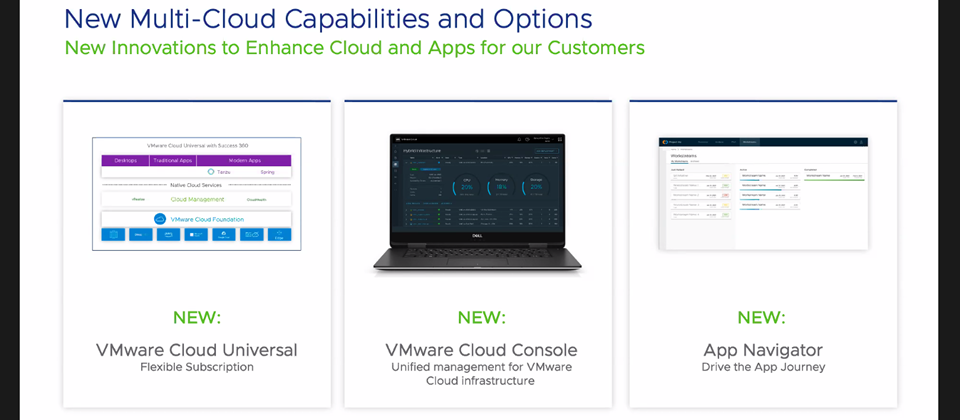 VMware推出新訂閱服務Cloud Universal,簡化VMware多雲基礎架構與服務的消費方式,並推出Cloud Console供企業從單一監控臺,配置、管理所有VMware環境的資源。