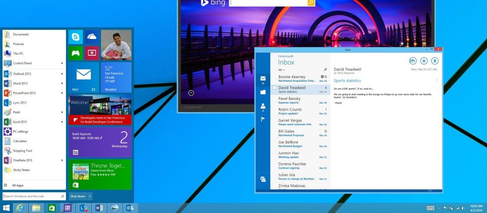 網路上流出的下一代Windows將重新回到以傳統桌面為主體的介面設計,和四月間微軟發表Windows 8.1更新版時所公布的介面非常相似。圖為四月微軟公布的畫面,顯示下一代Windows將有傳統的開始功能表。