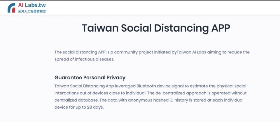 臺灣AI Labs在官網揭露,與行政院合作,以隱私為優先考量,開發一款透過手機藍牙來紀錄接觸者社交距離的App,預計將在5月1日勞動節前正式上線。