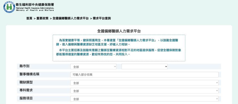 健保署近期設置了全國偏鄉醫師人力需求平臺,讓醫師職缺資訊更透明。