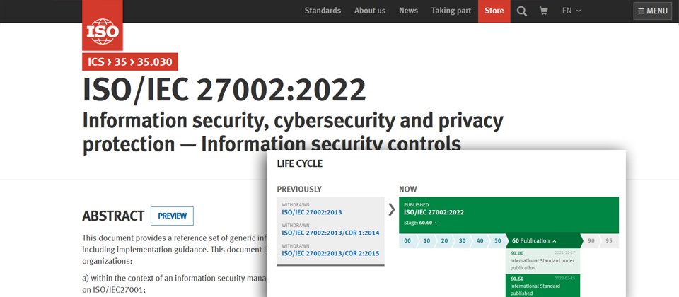 國際標準組織(ISO)在2月15日正式發布ISO 27002:2022,至於ISO 27001則預計2022年下半年完成改版。【10/26更新:新版ISO 27001:2022在10月25日正式出爐】