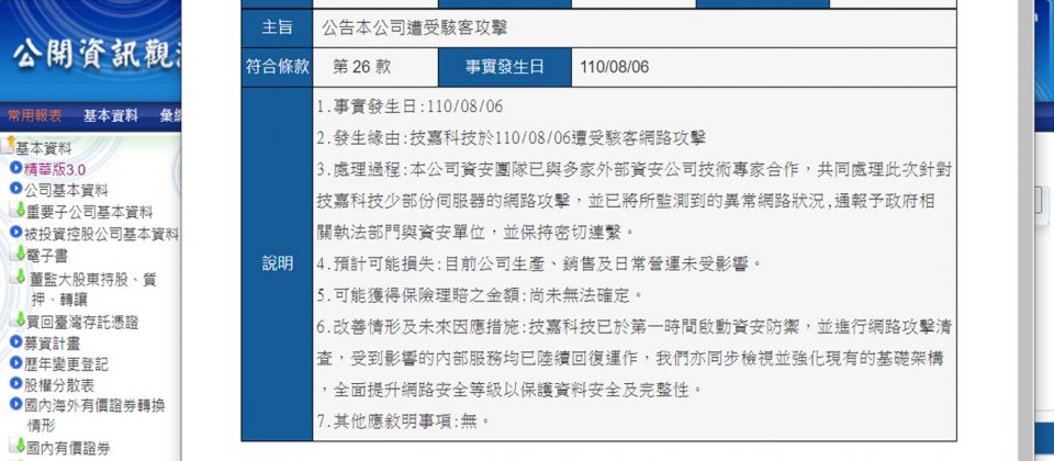 擁有許多產品線的技嘉,除了生產主機板與顯示卡,還包括資料中心伺服器、桌上型電腦、筆記型電腦、顯示器,以及其他電腦周邊配件與零組件。在8月6日,該公司在證交所發布資安事件重大訊息。