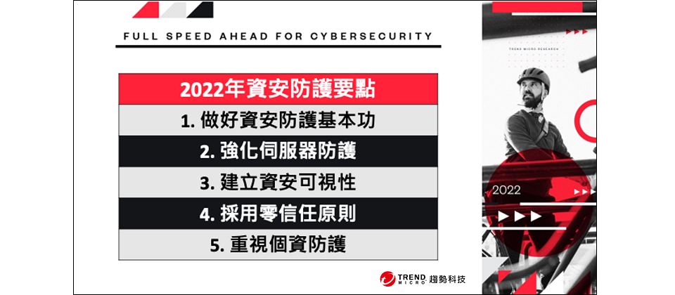 趨勢科技公布2022資安預測報告,並提出五項資安防護要點,呼籲企業及個人須預作準備,方可控制風險。