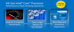 Intel，第5代Core處理器最重要的改進，在於繪圖運算效能、續航力提升，以及人機互動的使用體驗。其中繪圖核心顯示能支援4K高畫質解析度，續航力最多並可延長1.5小時的電池使用時間，並提供手勢和語音控制的支援性，讓使用者可以用手勢操作遊戲和軟體，或是以語音執行電腦命令。