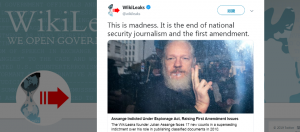 Assange被美方起訴多項洩密罪名後,維基解密指出,此事件形同牴觸了美國憲法賦予新聞業者的報導自由。(翻攝自https://twitter.com/wikileaks/status/1131656403112931331)